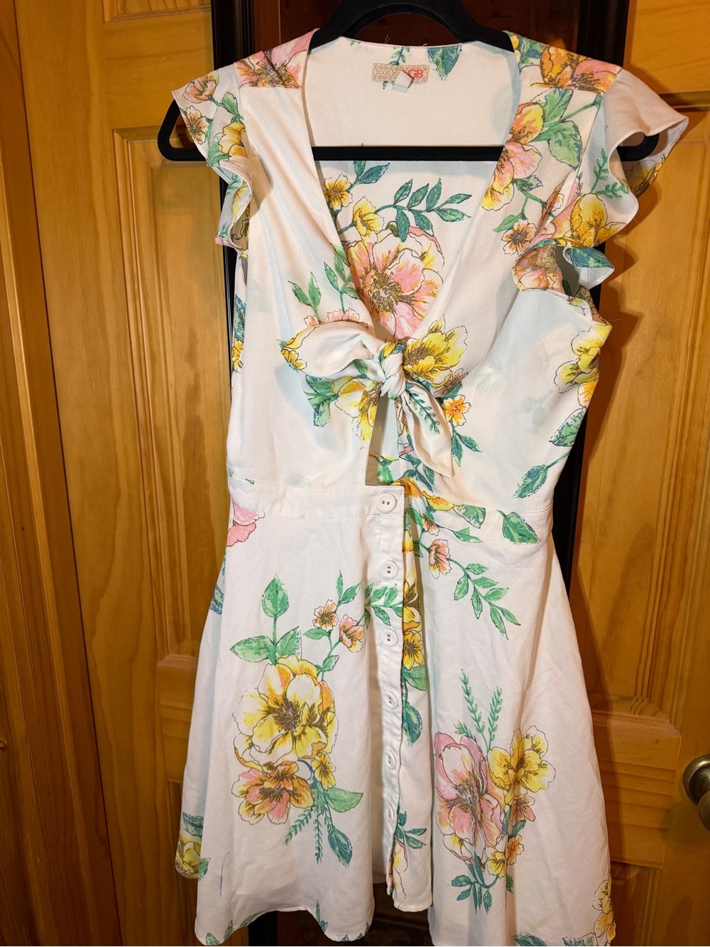 Gianni Bini White Floral Tie-Front Mini Dress with Yellow & Pink Blooms